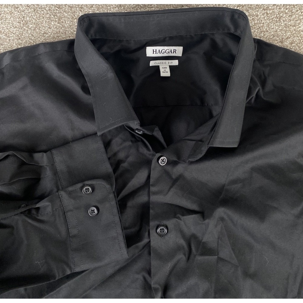 Haggar Classic Fit Solid Black Dress Shirt Wrinkle Free Stretch Men 5XB 22-34/35